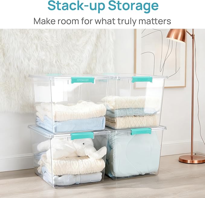 Vtopmart 2 Pack 72 QT Crystal Clear Storage Bins with Lids, 4 Pack Stackable Plastic Large Latching Boxes Totes Tubs Container for Closet Organizers and Storage, Bedroom, Clothes, Bedding