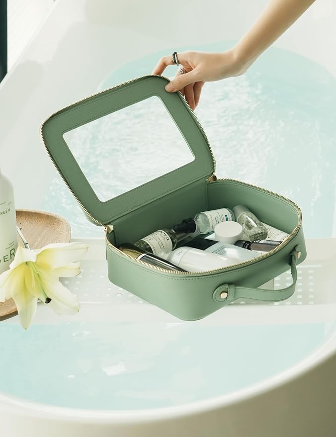 Popvibe Clear Makeup Bag Travel Cosmetic Case Transparent Toiletry Bag with Zipper, Portable Make Up Organizer Traveling Compact Car Bag for Essentials, Sage Green, Large