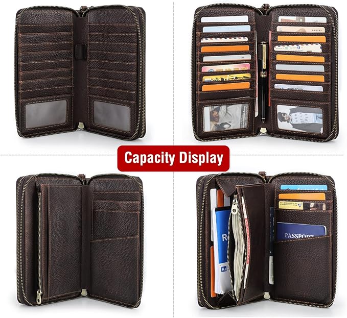 Top Grain Genuine Leather Clutch Wallet with Wristlet for Man & Woman, Handmade Vintage Design, Multi Pockets & Side Pocket & Slots, RFID Large Capacity for Cards/Checks/Money/Passport/Pen, Red Coffee