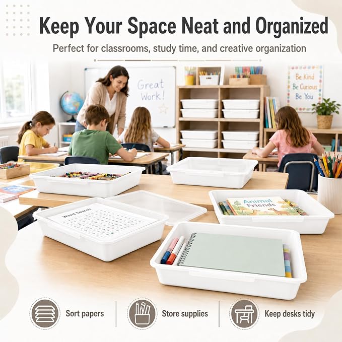12 Pack Flat Storage Paper Tray with Clear Latching Lid Letter Size Organizer Bin Tray Plastic Latching File Organizer for Classroom Library School Office Teacher Desktop Book Organization (White)