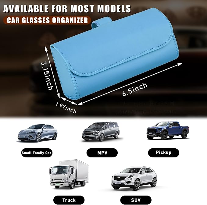 Augeny Sunglasses Holder for Car Sun Visor, Leather Auto Eyeglasses Storage Case with Hidden Magnetic Closure, Protective Glasses Organizer Box, Vehicle Visor Accessories for Woman Man (Sky Blue)