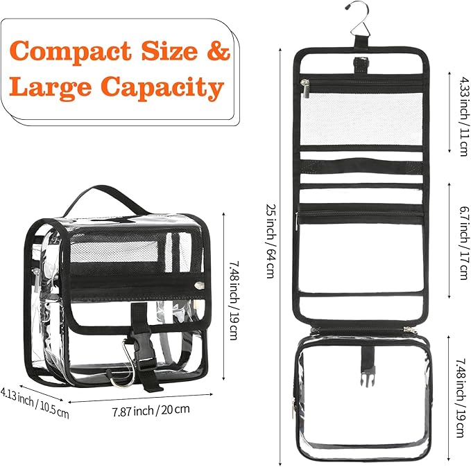Clear Toiletry Bag with TSA Liquids Travel Bag, Hanging Travel Transparent Makeup Cosmetic Organizer, Waterproof Carry On Airline 3-1-1 Compliant Bag Quart Sized Luggage Pouch (Black-Clear)