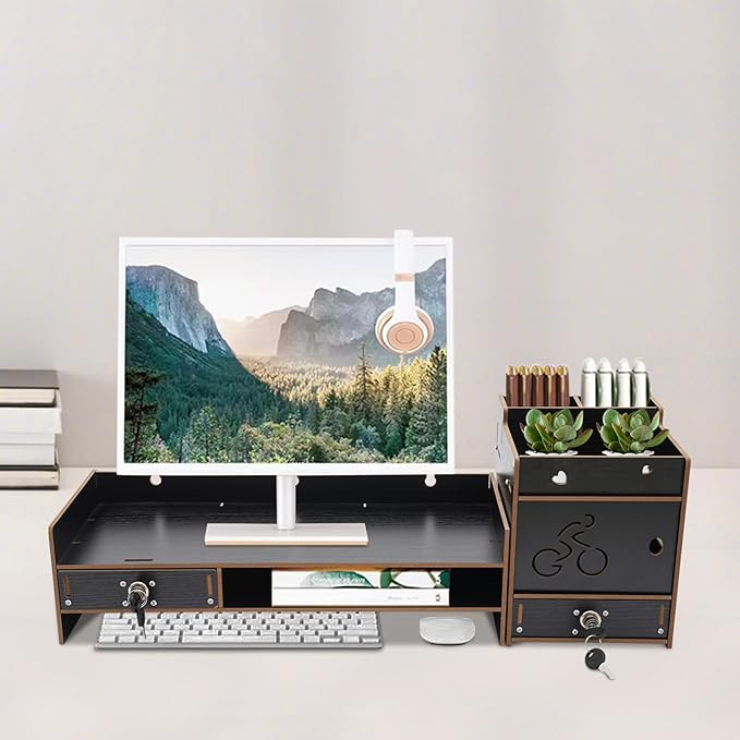 Desktop Monitor Stand with Drawer, Adjustable Laptop Riser Monitor Riser, Computer Monitor Booster Stand for Home Office