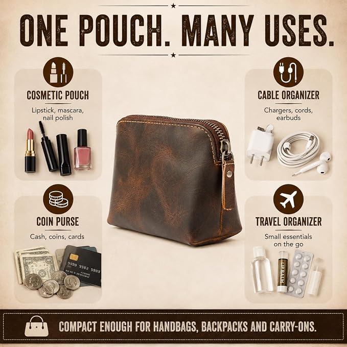 Full Grain Leather Cosmetic Bag – Zippered Makeup Pouch for Women, Small Travel Toiletry & Organizer Pouch for Purse, Premium Handmade Leather (5 × 4 × 2.5 in)