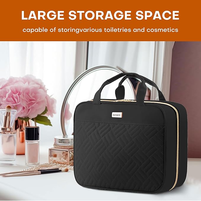 BAFAMYE 5.8L Travel Toiletry Bag for women - 2.1 GAL Water-resistant Makeup Cosmetic Bag Organizer With Hanging Hook for Travel Accessories Shampoo Full-size Container, Black