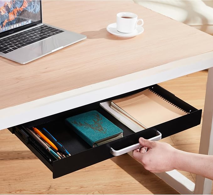 Under Desk Drawer Organizer 21" Black Upgraded with Adjustable Brackets, Sliding Pull-Out Under Table Pencil Drawer, Office Standing Desk Attachment for Workbench