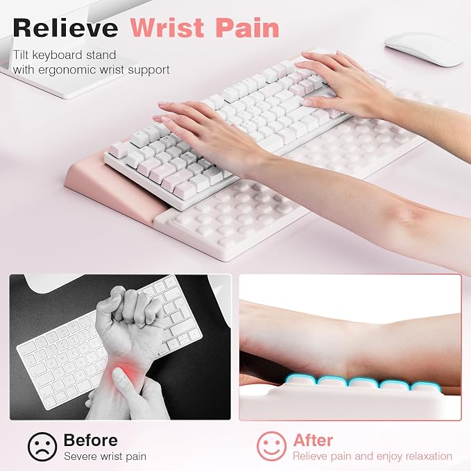 Ospelelf Keyboard Wrist Rest, Ergonomic Memory Foam Wrist Support for Typing & Gaming, Tilted Keyboard Pad, Aesthetic Desk Accessories for Office, Relief for Carpal Tunnel & Wrist Pain, Pink White