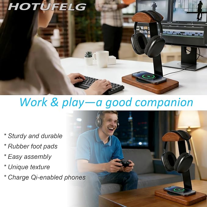 Solid Wooden Headphone Holder with Qi Wireless Charging Pad,Heavy Duty Wood Universal Headset Stand Compatible with Airpods Max,Bose,Razer,AKG,Equipment Accessories for Walnut Desk,Gift Choice
