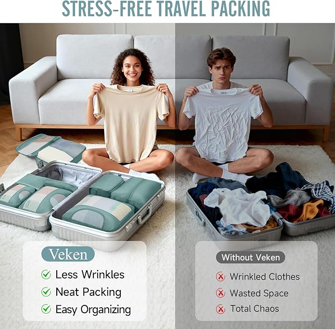 Veken 8 Set Packing Cubes for Travel Essentials, Suitcase Organizer Bags in 4 Sizes, Carry-On Luggage Accessories with Large Laundry & Hanging Toiletry Bag, Must-Have for Airplane, Road Trip & Camping