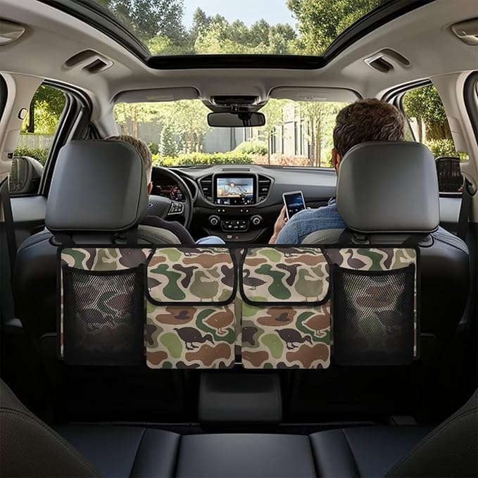 Duck Hunter Camo Hanging Car Organizer Large Capacity Backseat Hanging Storage Accessories Collapsible Cargo Storage Bag with 4 Pockets Universal Fit for Cars SUV Sedans