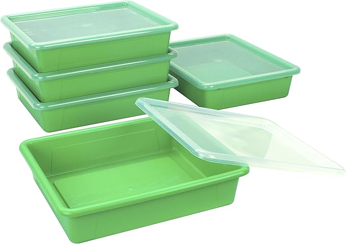 Storex Letter Size Flat Storage Tray – Organizer Bin with Non-Snap Lid for Classroom, Office and Home, Green, 5-Pack (62539A05C)