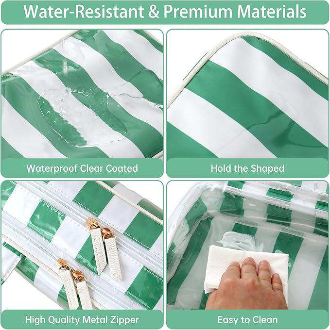 Travel Toiletry Bag for Women, Waterproof Clear Coated Portable Stripe Makeup Cosmetic Bag with Compartment, Travel Organizer for Shampoo, Conditioner, Brushes Set,Cosmetic Accessories(White-Green)