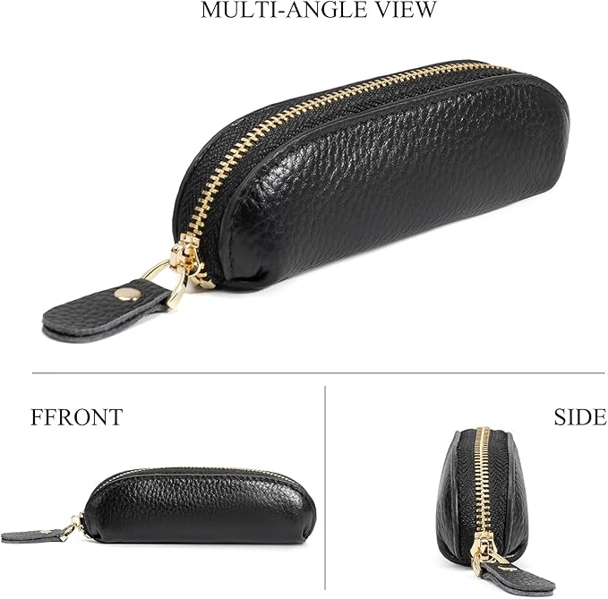 Full Grain Leather Coin Pouch - Travel Small Coin Purse with Zipper - Mini Key Pouch Change Purse for Women and Men (Black)