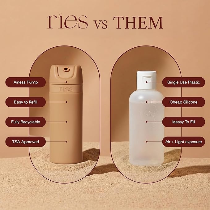 RIES Essential Refillable Toiletry Travel Bottles – Set of 5 (3.4oz & 1.7oz) Airless Pump Containers for Shampoo, Conditioner, Body, Face – Leak-Proof, TSA-Approved, Dishwasher Safe - Sand