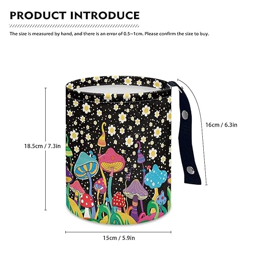 Mushroom Daisy Trash Can Leak Proof Waste Basket Container Bag Bin Hanging Cup Holder Organizer with Strap Mini Car Interior Accessories for Auto, Camping, Travelling