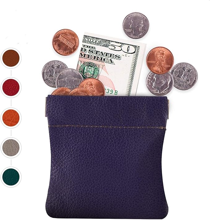Nabob Leather Genuine Leather Squeeze Coin Purse, Coin Pouch Made IN U.S.A. Change Holder For Men/Woman Size 3.5 X 3.5 (Purple)