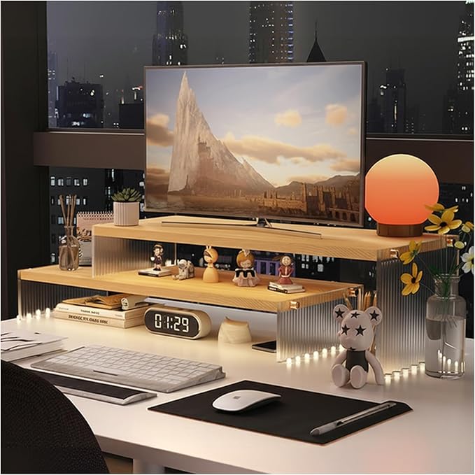 YGYQZ Adjustable Monitor Stand Riser with Acrylic Legs丨19.3" Length Dual Monitor Stand for Desk丨2-Tier Wood Desktop Organizer for Computer, Laptop, Printer & PC丨Modern Aesthetic Desk Shelf(wood-wavy)