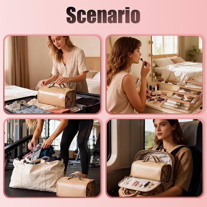 Large Expandable Makeup Bag, 4-in-1 Waterproof Makeup bag, Cosmetic Bag with Detachable Interior Pockets, Ideal for Women Travel Essentials(Brown)