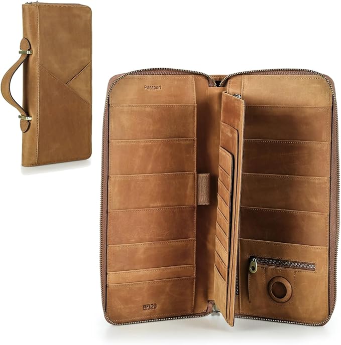 CONTACTS Family Passport Holder for 10 Full Grain Leather Passport Holder Compatible with Airtag Family Travel Document Organizer Multiple Passport Wallet with Rfid Blocking (Brown)