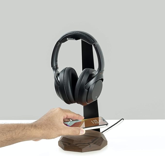 Oakywood 2-in-1 Wooden Headphone Stand with Wireless Charging - Wood Headphone Holder ??Stainless-Steel Base ??Handcrafted Headphones Stand for Desk - Qi-Compatible Wireless Charging ??Walnut