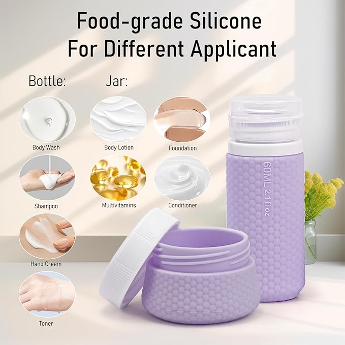 Travel Bottles for Toiletries 2oz 60ml 2 Pack + Cosmetic Jar 40ml 1.35oz Luxury Leather Pattern, Anti-slip Silicone Premium Refillable Bottle Set with Facial Brush On-the-go, Lavender Purple