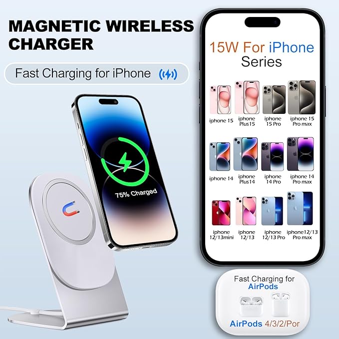 Magnetic Wireless Charger Mag-Safe Charger for iPhone 15/14/13/12 Series Convertible Magnet Wireless Charging Stand/Pad with Dual Charging Ports 5ft Cable for iPhone and AirPods 2/3/Pro (No Adapter)