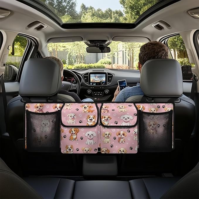 Cute Dog Car Trunk Organizer Back Seat Hanging with 4 Pockets Auto Trunk Storage Bag Multipurpose Cargo Accessory Space Saving Facilitator for SUV Truck Sedan
