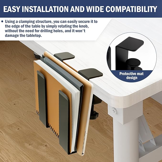 Desk Side Storage Organizer, Desk Side Laptop Mount, Punch-Free Clamp, No-Drill Clamp on Desktop Holder, Hanging Notebook Organizer for Office Home