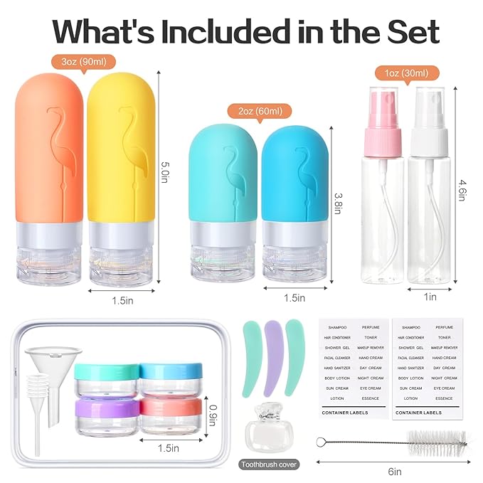 Vipop Empty 3 oz Travel Size Bottles Toiletries Containers for Toiletries Liquids，Small Silicone Mini Refillable Leak Proof TSA Approved Travel Bottles for Creams Shampoo and Conditioner Traveling