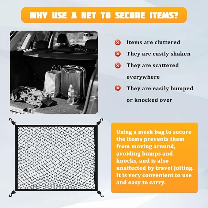 Car Cargo Net, 31.5" × 23.62" Adjustable Elastic Vehicle Trunk Cargo Storage Net with Hooks, Stretchable Mesh Automotive Trunk Organizers, Universal for SUV Motorhome Pickup