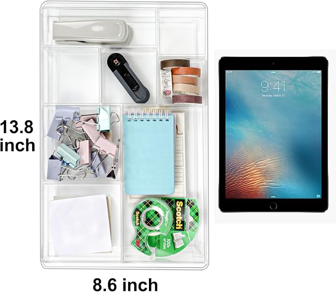 ZEXALOR 8-Section Clear Drawer Organizer, Large Acrylic Drawer Divider Tray for Desk,Bathroom,Office Makeup,Junk, Plastic Drawers Organizer 13.7" x 8.7" x 2" (8-Section)