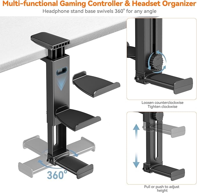 Headphone Stand & Under Desk Controller Holder with Adjustable Clamp, Controller Stand & Headset hanger for Desk Mount with 360° Rotating Hook & Cable Organizer 3-in-1 Game Organizer, 3 Hooks