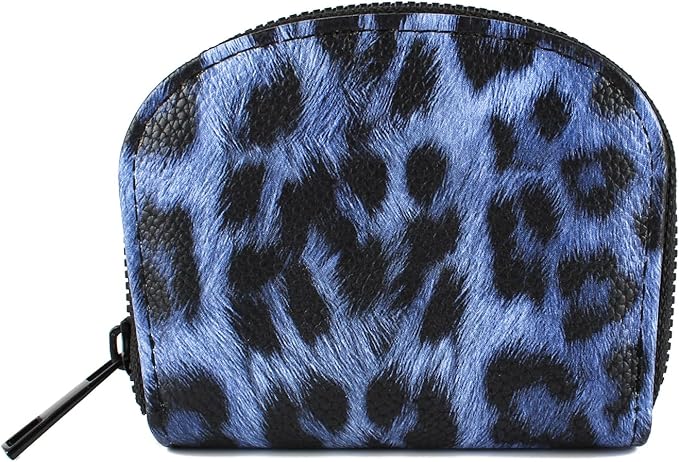 Small Zip Wallet Credit Card Wallet Coin change case Holder for women PU Leather(Navy Leopard)