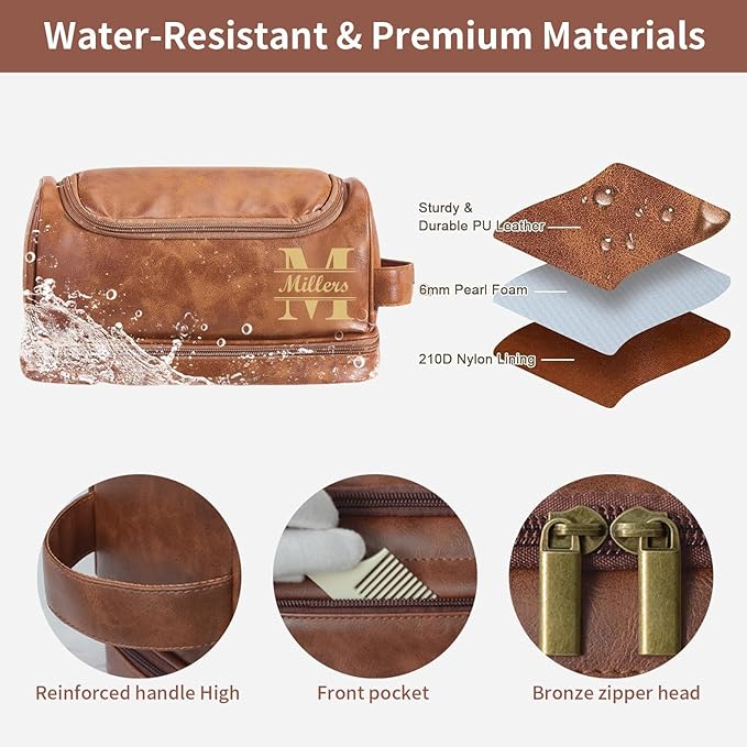 Personalized Leather Toiletry Bag for Men, Large Capacity Toiletry Travel Bag, PU Leather Waterproof Shaving Toiletry Bag, Travel Essentials Customized Gifts for Husband (Style 4)