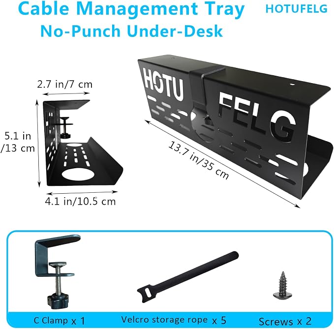 Under Desk Cable Management Tray with Dual Installation – Clamp or Screw Mount Cord Organizer, Heavy-Duty Steel Computer Desktop Power Wire Hider Table Storage Basket for Home Office & Gaming Desks