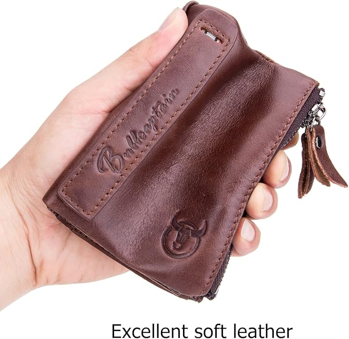 BULLCAPTAIN Genuine Leather Wallet for Men Vintage Bifold Double Zipper Coin Purse (Coffee)