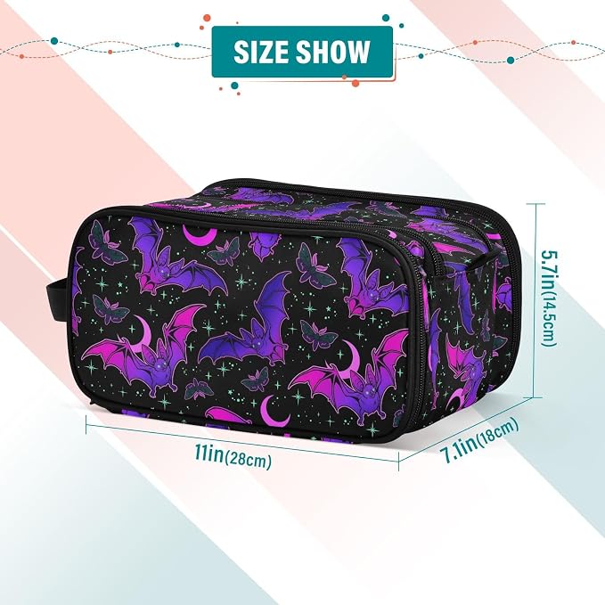 MNSRUU Travel Makeup Bag, Purple Bat Gothic Makeup Bag Large Capacity Cosmetic Bag Organizer, Portable Toiletry Bag for Travel Size