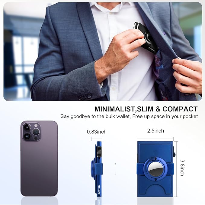 TOYFID Minimalist Wallet for Men,Slim Wallet Compatible with AirTag,Card Holder Metal Wallet,Pop Up Wallet,Metal Card Holder,Quick Access Card,Rfid Blocking Protection,Hold 12+ Credit Cards (Blue)