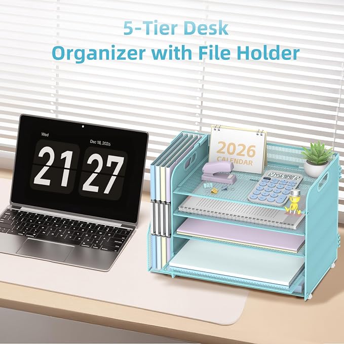 SUPEASY 5-Tier Desk Organizer with File Holder, Desk Organizers and Accessories, Paper Organizer for Desk, Mesh Desktop File Organizer, Workspace Organizers for Office School Home, Blue