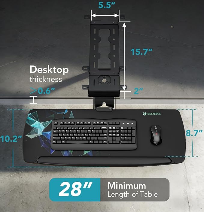 Keyboard Tray Under Desk with Storage Drawer, Height Adjustable Keyboard Tray Slide Out 360° Swivel Tilt, Ergonomic Under Desk Mount Keyboard & Mouse Pad Lighting for Gaming Home Office