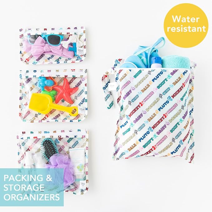 Bumkins - Waterproof Wet Bag & Clear Travel Bags - For Beach, Baby, Travel, Swim Suit, Cloth Diapers, Pump Parts, Pool, Gym, Toiletries - Reusable & Easy to Clean - Mickey and Friends White - 4 Pack