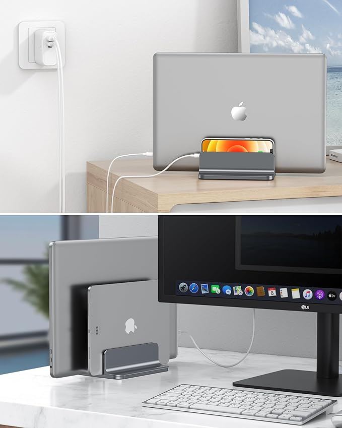 OMOTON Vertical Laptop Stand [Updated Double Version], Desktop Aluminum Mac Book Stand with Adjustable Dock Size, Fits All Mac Book, Surface, Chrome Book and Gaming Laptops (Up to 17.3 inch) (Grey)