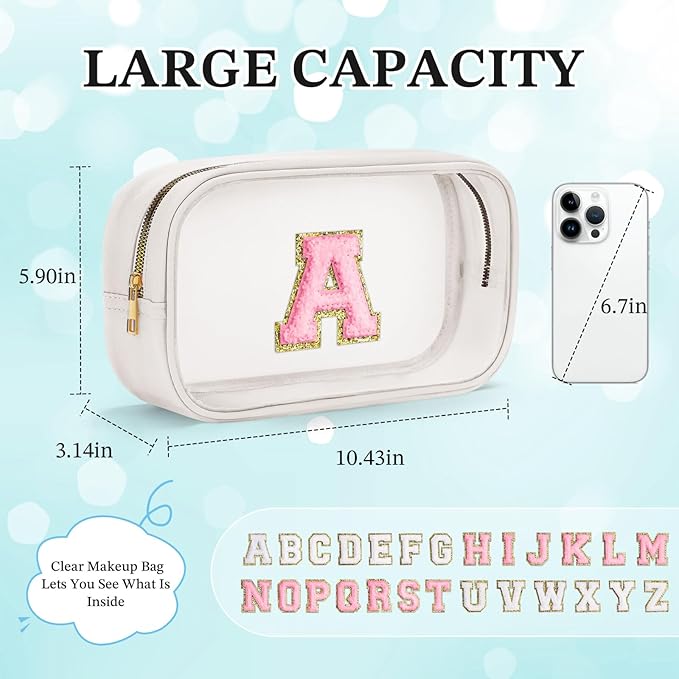 YOOLIFE Initial Birthday Gifts for Girls Kids Toiletry Bag Clear Makeup Bag Preppy Cosmetic Bag Birthday Gifts for 7 8 9 10 11 12 13 Year Old Girls Swim Gifts For Girls Graduation Gifts White S