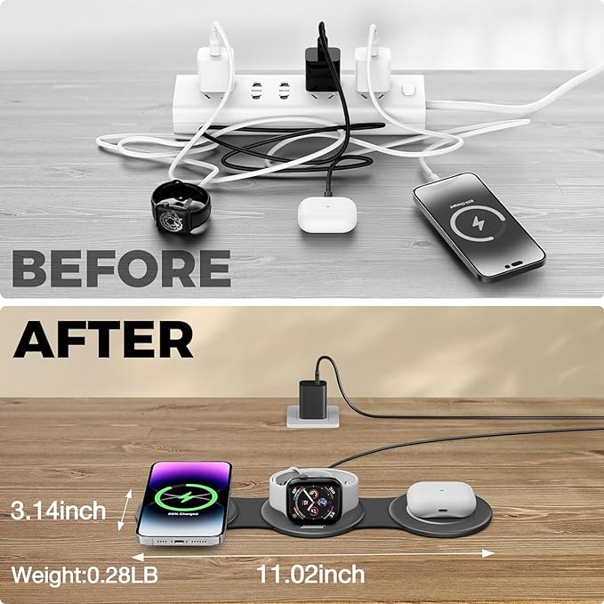 HICOBER 3 in 1 Charging Station for Multiple Apple Devices, Compatible with iPhone 17/16/15/14/13, Apple Watch & AirPods, Foldable Fast Wireless Charger & Travel Charger for Home/Office/Trips
