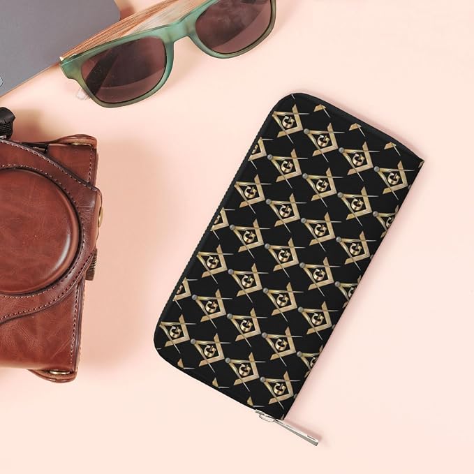 Masonic Square Wallet for Men Women Elegant Long Clutch Zip Around Travel Leather Coin Purse Large Capacity Credit Card Holder Handbag