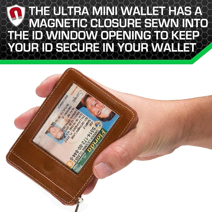 ID Stronghold RFID Blocking Front Pocket Wallet – Slim Minimalist Genuine Leather Wallet with Zipper Coin Pocket (Airtag Antiqued Brown)