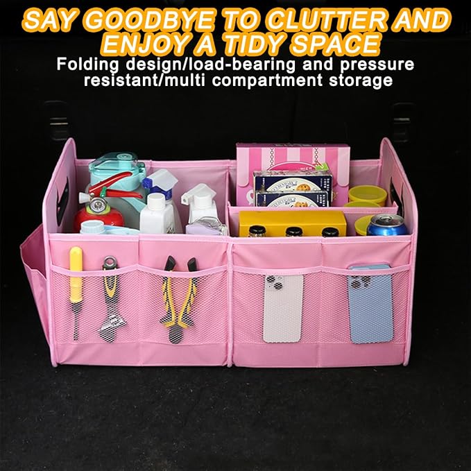 Mandark Car Trunk Organizer, Collapsible Automotive Trunk Storage Organizer with Multiple Compartments, Vehicle Interior Container Box Accessories, Universal for RV, SUV, Truck (Pink)
