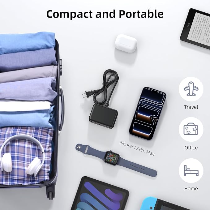 6 in 1 USB Charger, 50% Smaller Charging Station for Multiple Devices, 100W Fast Charging Blocks with Type C Ports, USB Charging Hub Organizer Multiport Power Strip for iPhone, Ipad, Kindle, Travel