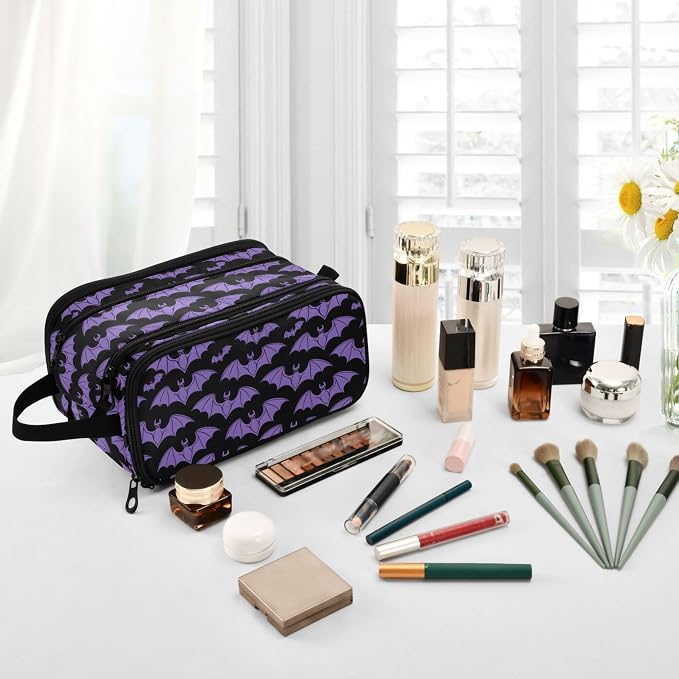 MNSRUU Large Capacity Makeup Bag, Halloween Bat Cosmetic Bag Portable Toiletries Pouch with Compartments Makeup Organizer Case for Travel Women