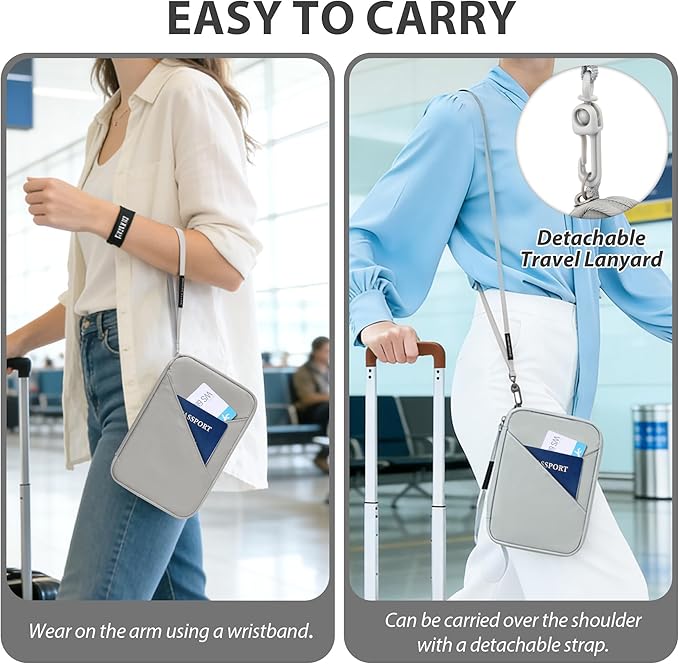 Veki Passport Holder for Travel Women Family, Passport Wallet Bag, RFID Travel Document Organizer, Waterproof Passport Holder for Men, Portable Case for Cards, Cash, Tickets, ID (Gray, L)